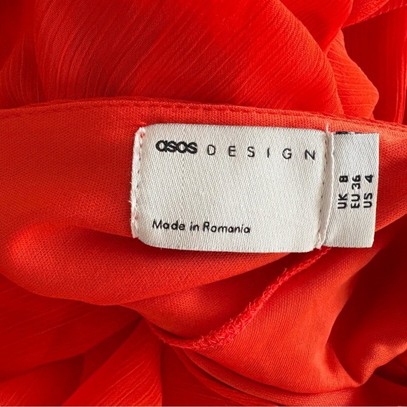 NWT ASOS Orange Chiffon Midi Dress Puff Sleeves Deep V Neck Ruffle Bottom Sz 4 - Picture 7 of 7